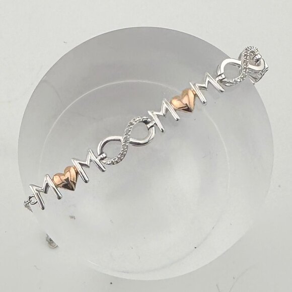 Sterling Silver "Mom" Bracelet w 14 kt Gold Overlay Hearts  & Infinity Symbols - Picture 8 of 14